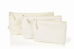 Three off-white organic zipper bags of varying sizes, each with a zip closure and one featuring a logo.