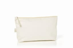 A cream-coloured organic zipper bag with a simple design, featuring a discreet logo.