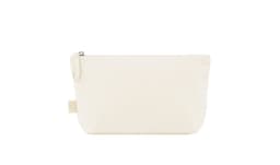 A natural-coloured organic zipper bag with a simple design and a zip closure. It features a small tag on the side.