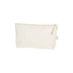A beige organic zipper bag with a smooth fabric texture and a zip closure, featuring a small tag.