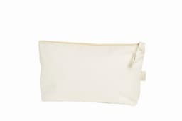 A cream-coloured zipper bag with a light tan zipper and a small tag, featuring a logo.