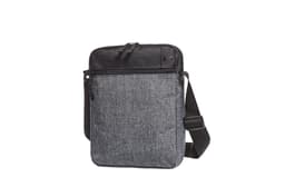 A grey crossbody bag with a black top section, featuring a zippered compartment and an adjustable strap.