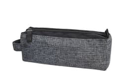 A grey fabric bag with a zip closure and a small handle, featuring a branding logo.