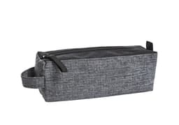 A grey, rectangular bag with a zippered closure and a handle, featuring textured fabric and a branding logo.