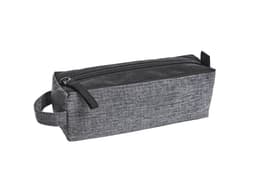A grey pouch bag with a zip closure and a handle on the side, featuring a textured fabric.