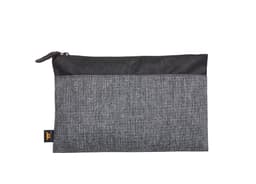 A grey zipper bag featuring a textured design, with a black top section and a logo on the side.