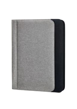 A grey and black work conference folder with a textured finish and a zipper closure. It features a logo on the front.