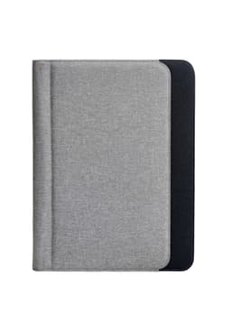 A grey and black conference folder with a textured finish and a logo. Suitable for office and business use.