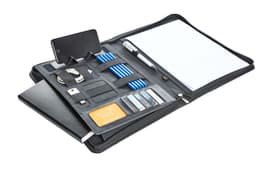 A black conference folder featuring compartments for a phone, pens, business cards, and notepads.