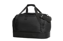 A black duffle bag with sturdy straps and multiple zippered pockets, featuring a logo on the side.