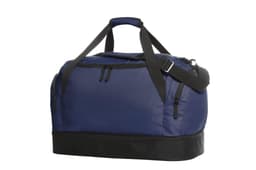 A navy duffle bag with black accents, featuring multiple zippered pockets and adjustable shoulder straps.