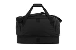 A black duffle bag with multiple zip compartments and comfortable carry handles. It features a logo.