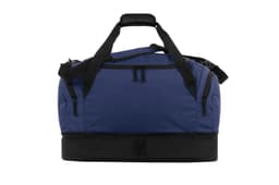 A navy blue duffle bag with a black base and multiple zippered compartments. It features two handles for easy carrying.