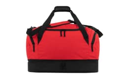 A red sports bag with black accents, featuring dual handles and multiple zippers. It includes a logo.