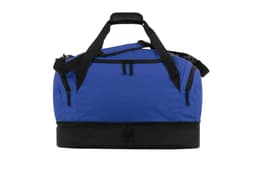 A blue duffle bag featuring a black base and multiple zippered compartments, with handles for easy carrying.