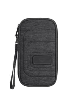 A dark grey organiser bag with a zip closure and a wrist strap, featuring a logo on the front.