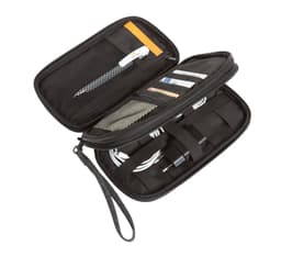 A black frame organiser featuring compartments for cables, pens, cards, and a spacious main section. It includes a branding logo.