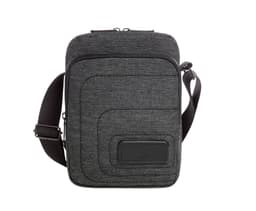 A grey fabric crossbody bag featuring a textured design and an adjustable strap, complete with a logo.