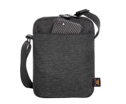 A grey crossbody bag with an adjustable strap and a front pocket containing a phone. It has a logo on the side.