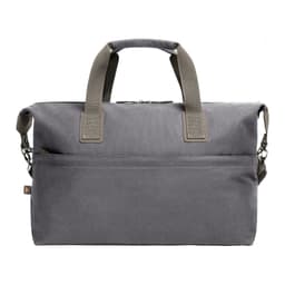 A grey duffle bag with sturdy handles and a shoulder strap, featuring a front pocket and a logo.