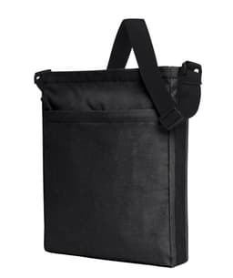A black shoulder bag with an adjustable strap and a front pocket, featuring a logo.