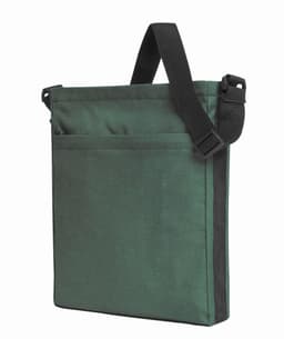 A green shoulder bag with a shoulder strap and a front pocket, featuring a simple design and a logo.