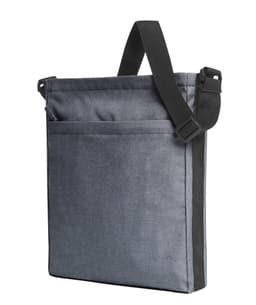 A grey shoulder bag with a single adjustable strap and a front pocket, featuring a logo.