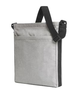 A grey shoulder bag with a black accent and an adjustable strap, featuring a front pocket and logo.
