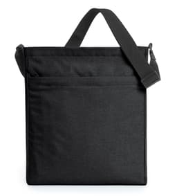 A black shoulder bag with a simple design, featuring adjustable straps and front pockets. It has a logo on it.