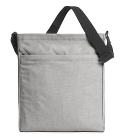 A grey shoulder bag with a long strap, featuring a zippered pocket on the front. It has a simple, minimalist design.
