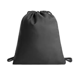 A black drawstring bag with a simple design and matching drawstrings, featuring a logo.
