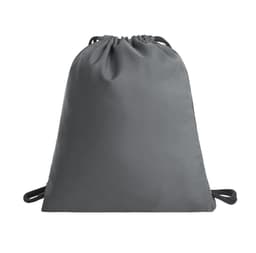 A grey drawstring bag with a rounded top and two drawstrings, featuring a logo.