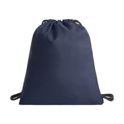 A navy drawstring bag with a smooth surface and contrasting black cords, featuring a logo.