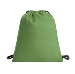 A green drawstring bag with darker straps and a simple design, featuring a logo on the surface.