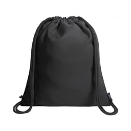 A black drawstring bag with matching cords and a branding logo on the side.