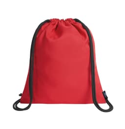 A red drawstring bag with black cord straps and a simple design, featuring a logo.