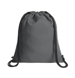 A grey drawstring bag with matching cords and a logo at the bottom.