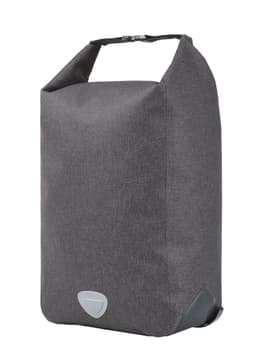 A grey cycle bike bag with a roll-top design and a sturdy base, featuring a logo on the front.