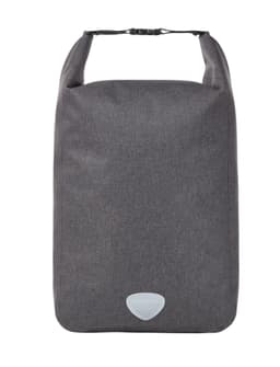 A grey cycle bike bag featuring a minimalist design and an adjustable strap. It includes a logo on the front.