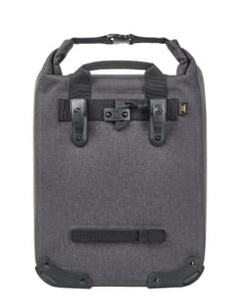 A grey cycle bike bag with a sturdy handle, adjustable straps, and a sleek design. Features a logo on the front.