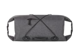 A grey bicycle handlebar bag with a sturdy design, featuring adjustable straps and a zipped pocket.
