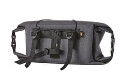 A dark grey bicycle handlebar bag with adjustable straps and a sleek design. It features a small logo on the side.