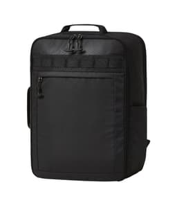 A black backpack with multiple compartments, zippers, and a side pocket, featuring a logo on the front.