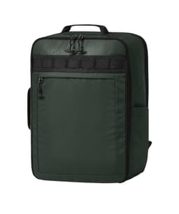 A green Active Travel Backpack with multiple compartments and a side pocket. It features a logo on the front.