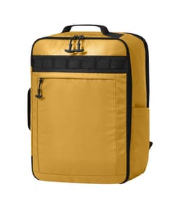 A yellow Active Travel Backpack featuring a front pocket, side pocket, and a logo on the upper part.