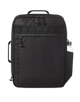A black backpack with a side pocket for a drink bottle and a simple logo on the front.