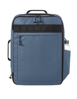 A blue backpack with a front pocket and a side compartment for a drink bottle, featuring a logo.
