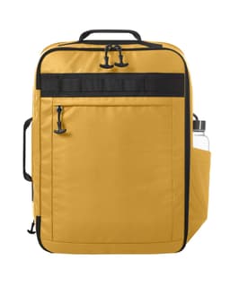 A yellow backpack with a black accent, featuring a side pocket for a drink bottle and a logo.