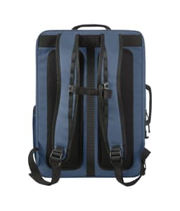 A blue backpack featuring black mesh panels, adjustable straps, and a handle on top. It has a logo on the front.
