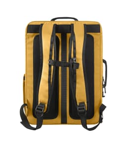 A yellow backpack with black mesh panels and straps, featuring a top handle and various compartments.